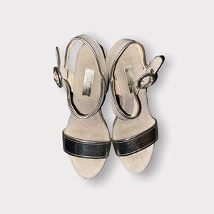 Maypol Gold Leather and Linen Espadrille Wedge Sandals Size 5.5